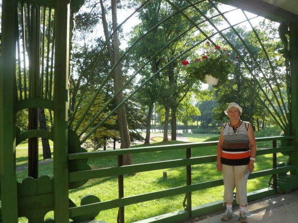 przy oranżerii - między pałacem i oficyną, widoczny staw z wyspą, aleje i nasadzenia parkowe.