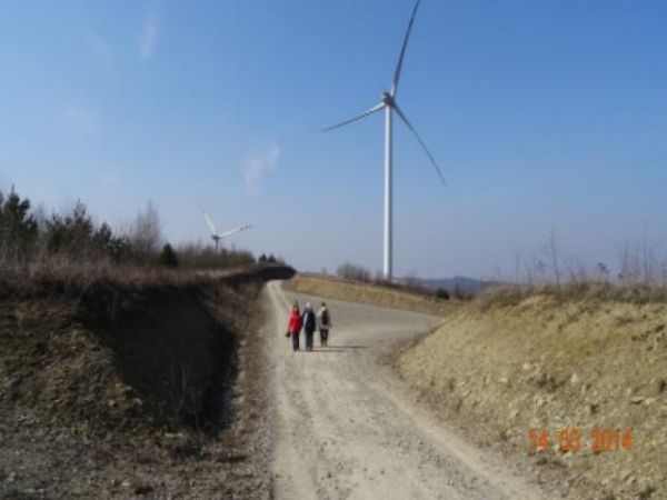 turbiny wiatrowe - na odkrytej wierzchowinie Pogórza Bukowskiego.