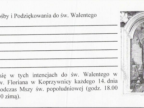 ze zbiorów prywatnych: z kaplicy pw. św. Walentego - tekst do wypełnienia,  do modlitw w intencjach.