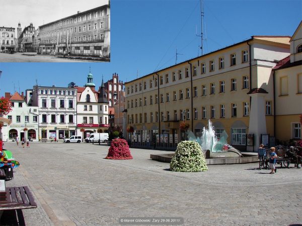 Żary wczoraj i dziś . Widok na wschodnia pierzeje Rynku