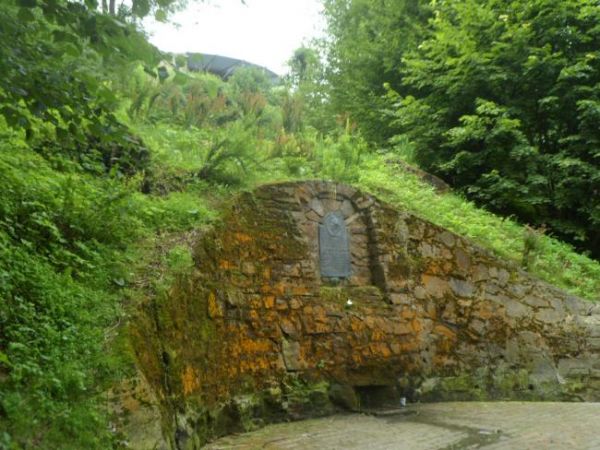 źródełko poświęcone Fryderykowi Chopinowi, z medalionem przedstawiającym  popiersie kompozytora. Wyżej - w prześwicie - fragment platformy widokowej.