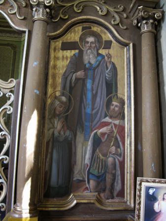 sceny biblijne - w ikonostasie, z akcentem przekazu historycznego : władcy Polski z częścią Rusi ofiarowują swe poddaństwo pod chrześcijańskim krzyżem.