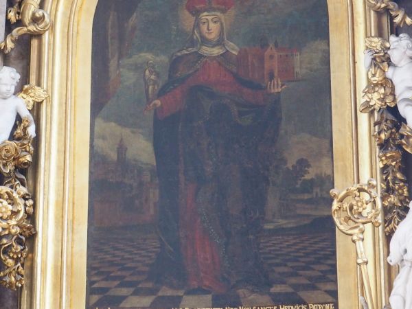 obraz przedstawia Jadwigę - Świętą Księżną, do czasów św. Jana Pawła II  była jedyną kanonizowaną kobietą żyjącą na ziemiach polskich. Żona księcia Henryka Brod