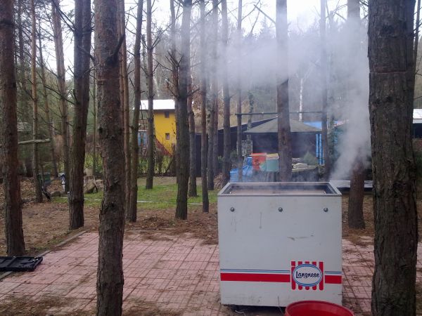 Wedzenie szynek i kiełbas na działce  nad jeziorem w Szczekarzewie