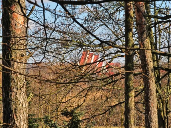 Dach kościoła widoczny z parkingu przy Urzędzie Miasta