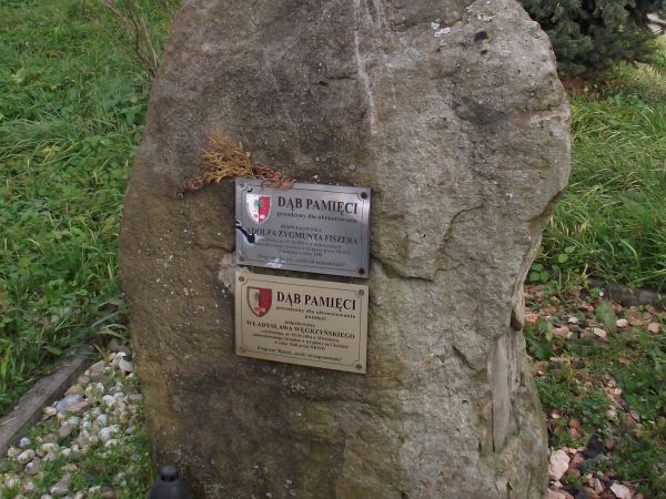 głaz / obelisk z tablicami upamiętniającymi akt posadzenia "dębów pamięci" - przy miejscowej szkole.