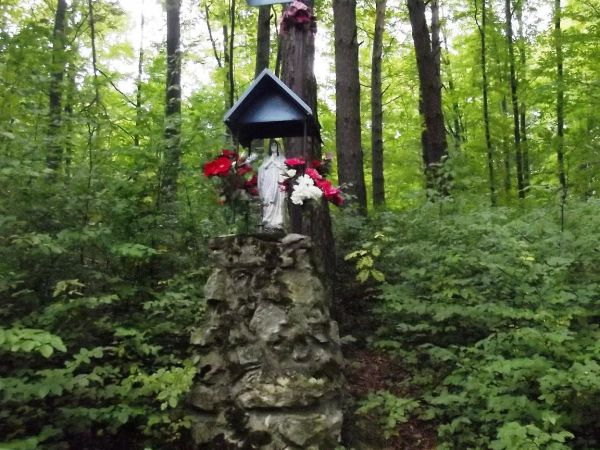 przydrożny krzyż i kapliczka - może wotywna a może dla ubogacenia szlaku pątniczego do Kalwarii Pacławskiej  - zadbane, ukwiecone, zaskakujące miejscem ekspozyc