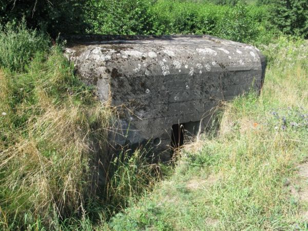 Schron nr 2 Armii "Pomorze" - tradytor jednostronny , bez przelotni. Widok od strony wejścia do schronu. Widoczny fragment rowu dobiegowego...