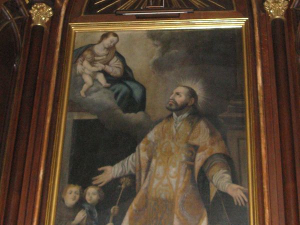 w ołtarzu prawym: Wizja św. Walentego z postaciami fundatorów, nieistniejącego już kościoła /był wzniesiony w 1742r., drewniany, zburzony w 1865r./ braci Leszcz