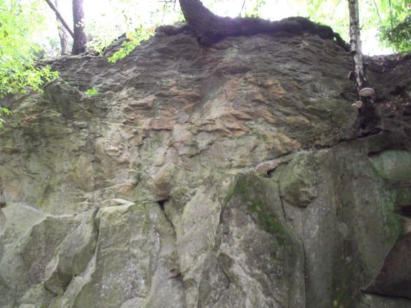 kamień - jako budulec był tu pozyskiwany, widoczne szczeliny do podkładania ładunków detonacyjnych, których odpalenie powodowało rozczepienie bloku skalnego - p