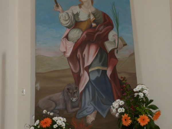 obraz przedstawia św. Teklę - męczennicę chrześcijańską - jej ojciec był namiestnikiem podbitych krajów i nakazał jej poślubienie oficera najbardziej zasłużoneg
