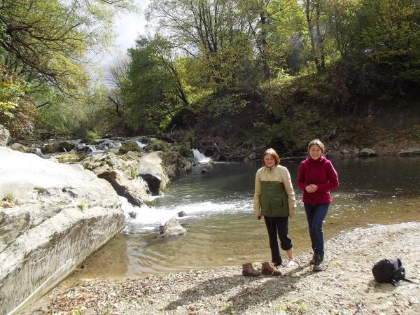 przy/przed/na: Pomnik przyrody: "Wodospad na rzece Olszance", poniżej ploso, płytki basen - ograniczony kamieniami, z niemalże stojącą wodą.