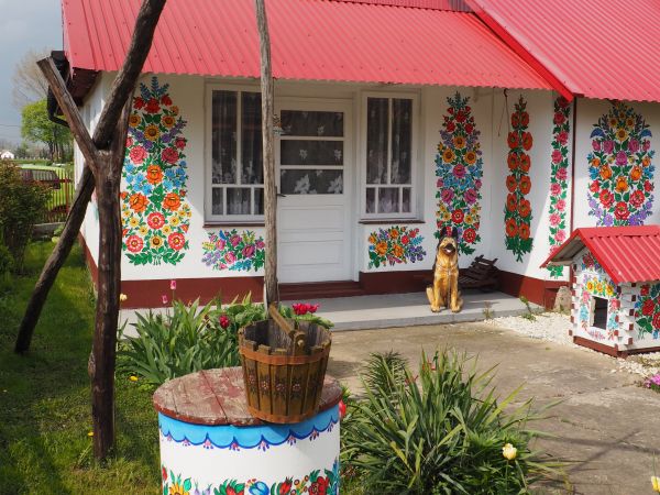 zagroda, obejście gospodarskie - zdobione kwieciście, barwnie, wzorcowo.