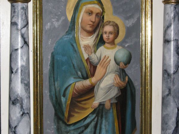 ikonostas jest z XIXw., n/z ikona przedstawiająca Matkę Boską z Dzieciątkiem - polecam pełną galerię, tam jest cała ściana a ta ikona jest po lewej wrót diakońs