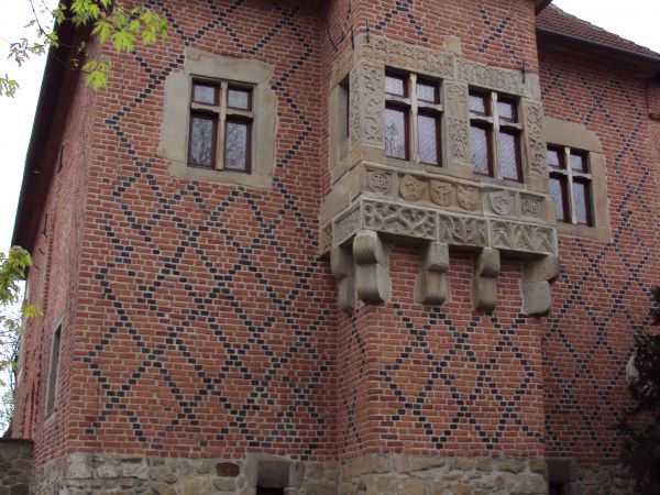 fasada zamkowa - tu też wykusz, pod oknami kamieniarka prezentuje kartusze herbowe - zamek jest stary, miał wielu właścicieli, był przebudowywany, bogata i barw