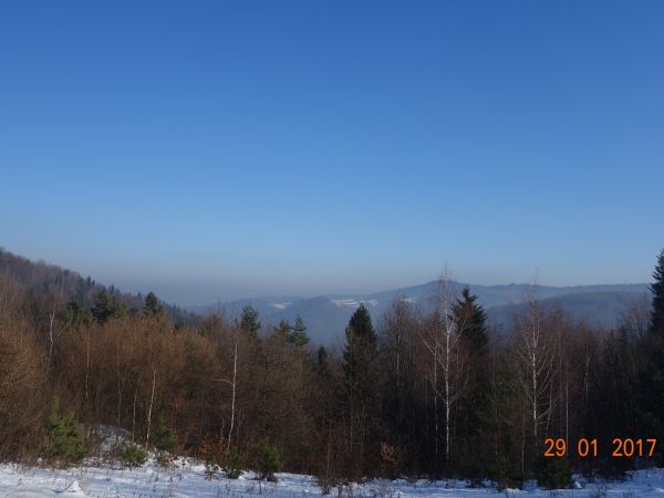 Widok z Jaworza na Kozówkę.(Dwa górskie osiedla Harbutowic) W głębi Sularzówka, szczyt pomiędzy Jasienicą a Trzebunią.