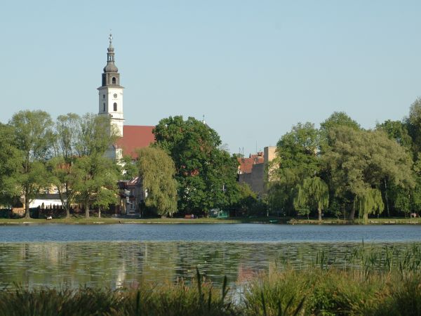 Wolsztyn, Kościół Farny i jezioro Wolsztyńskie.