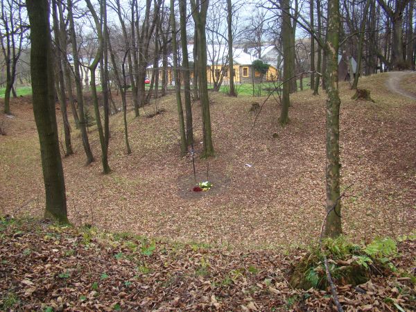 w fosie dwa krzyże, jeden żołnierza niemieckiego, który zginął w sierpniu 1944r podczas przechodzenia frontu, drugi - miejscowego młodzieńca, który tam znalazł