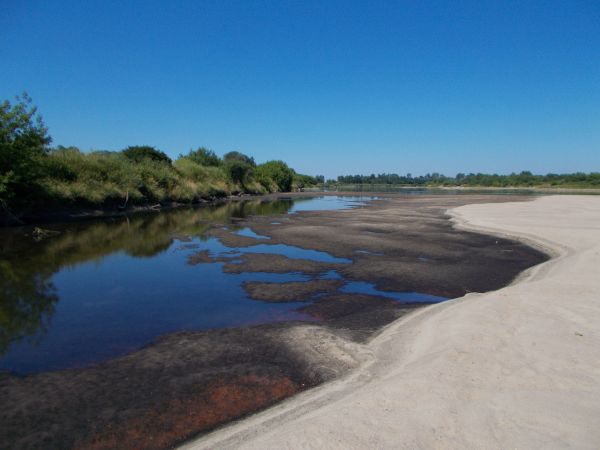 Malejący poziom  wody Wisły zostawia kolorowe rozlewiska , obok złota plaża .