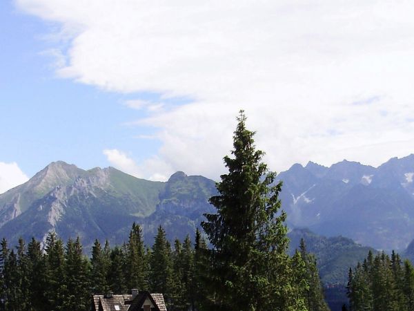 Widok na Tatry z Bukowina Tatrzańskiej.  (Bukowina Tatrzańska leży na wysokości od 860 do 1000 m n.p.m. (według innych źródeł 850–960 m n.p.m.) i jest położona