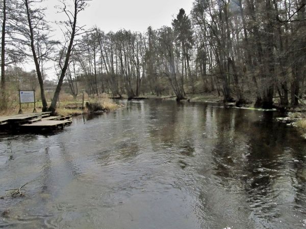 Rzeka Wda w kierunku wiaduktu kolejowego i mostu drogowego na drodze nr 22 widziana z kładki dla pieszych