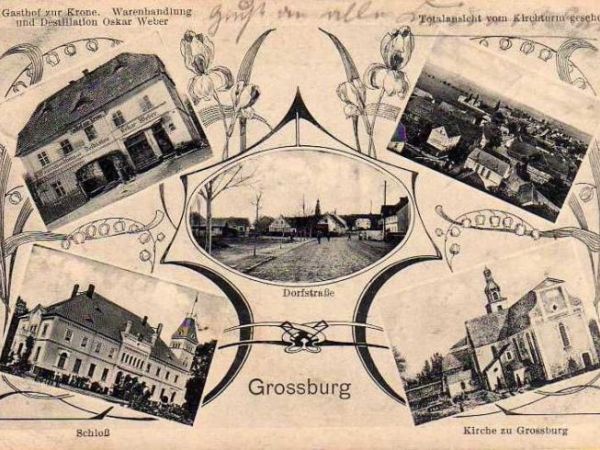 Widokówka z Borka Strzelińskiego wysłana w 1910 roku. Na zdjęciach przedstawiono miejscowy sklep, dwa widoczki wsi, pałac oraz kościół św. Wawrzyńca i Antoniego