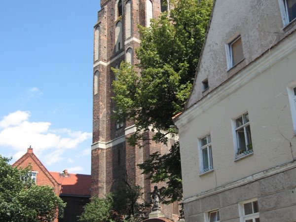 Widok na wieżę kościoła.