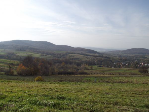 Góry Czarne z g. Kopacz - 536m npm, po lewej a po prawej g. Wroczeń - 498m a dolinie wzdłuż potoku Pijawka wsie : Raczkowa, Falejówka a dalej Srogów Górny - tam