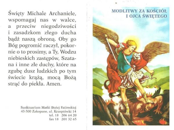 Święty obrazek - z Wizerunkiem św. Michała Archanioła, tu depcze Szatana, oraz prośbą o modlitwy. Przy temacie : w katedrze w Łowiczu zwieńczenie ołtarza Aniołó