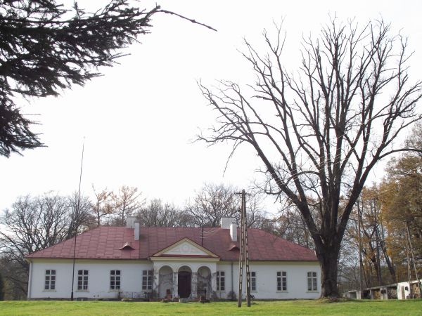 klasycystyczny dwór z przełomu XVIII i XIX wieku, parterowy, ozdobiony skromnym portykiem z trójkątnym przyczółkiem, czterospadowy dach z lukarnami. Wokół XVIII