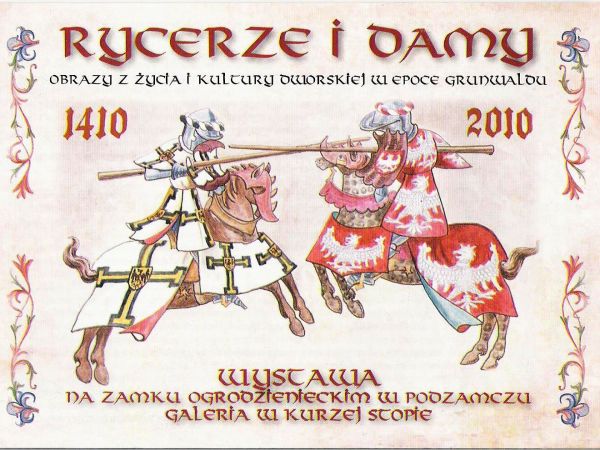 ze zbiorów prywatnych : bilet wstępu na wystawę na zamku prezentowaną - ze sceną z turnieju rycerskiego, proszę zauważyć kaptury na łbach końskich.
