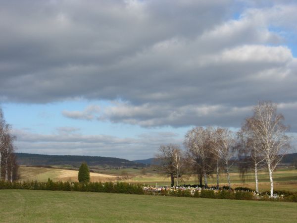 obok drogi do wsi Jędruszkowce : cmentarz rzymskokatolicki, stary i nowy sektor, a teren pomiędzy Pisarowcami, Jędruszkowcami i Podgajem, gdzie zachowały się gr