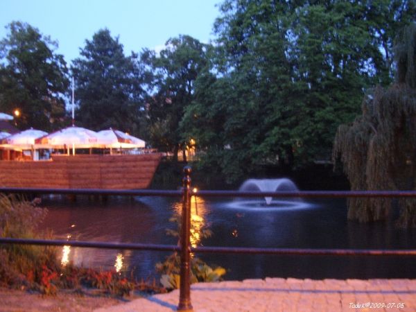 Miejski Staw przy promenadzie wzdłuż murów obronnych ul. Kubika, widziany nocą. [bez łabędzia Kuby - zginął czerwiec br.]