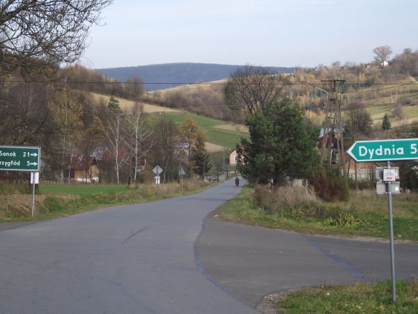 na wprost do m. Witryłów - tam kładka na rzece San łącząca z m. Ulucz z cerkwią na wzgórzu Dębnik - drewnianą, najstarszą w Polsce. Po prawej: zbocze  g. Koziar