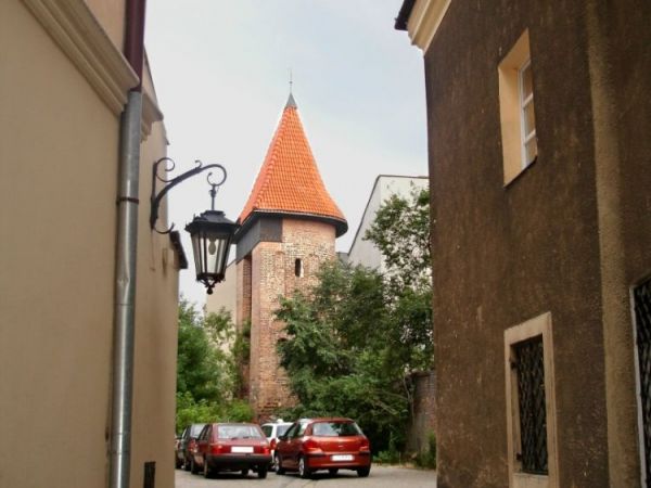 Staere Miasto. W tle wieza z XIV wieku, fragment murow obronnych miasta.