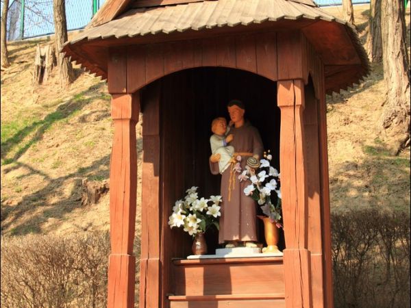 Przydrożna kapliczka w Kosinie z  figurką św. Antoniego z Padwy