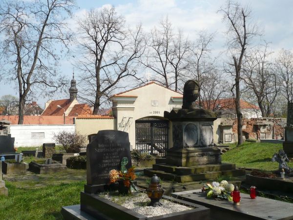 Jeszcze jedno spojrzenie na nagrobki starego Ewangelickiego cmentarza,w tle wieżyczka kościół poreformacki z 1665-1673r.