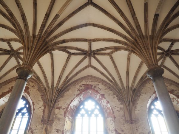 sklepienie kaplicy pałacowej, okna zdobiły piękne witraże - niegdyś, dzisiaj szyby kompletne - i to już cieszy !