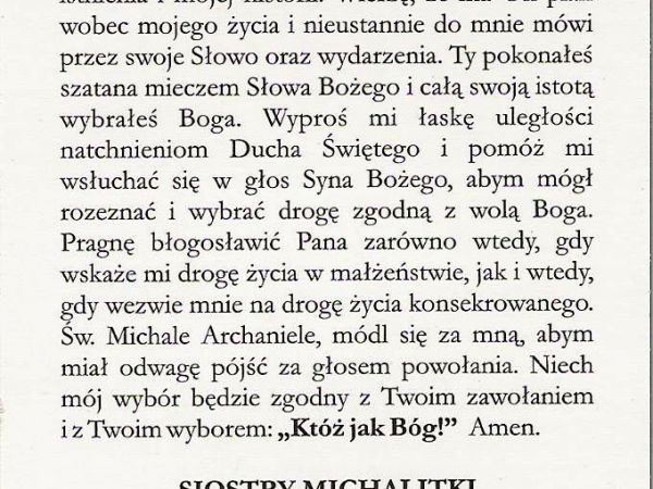 ze zbiorów prywatnych: teks modlitwy do  Św. Michała Archanioła - Patrona Sanoka, wydany przez Siostry Michalitki z Miejsca Piastowego - X 2013r.