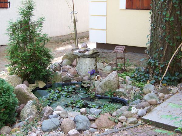 Miniaturowy świat przed domkiem letniskowym.