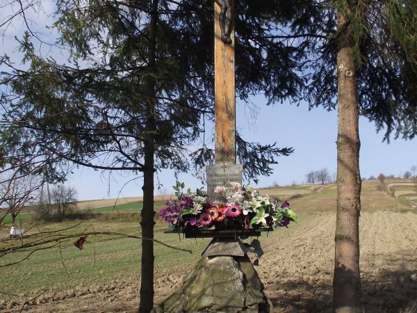 usypany z zespolonych kamieni kopiec powstańczy, zwieńczony drewnianym krzyżem z Wizerunkiem Chrystusa Ukrzyżowanego, u nasady medalion z orłem w koronie i prze