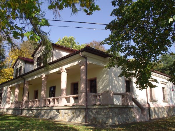 dwór - budowla parterowa, wzniesiona na planie prostokąta. Główną fasadę poprzedza pięciokolumnowy ganek.