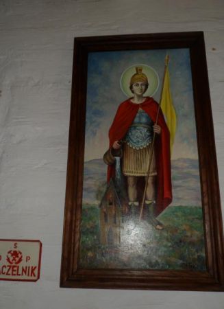 obraz przedstawiający św. Floriana - patrona strażaków, w remizie na skansenie.