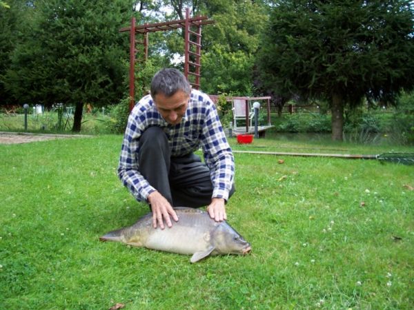 Dobra wędka oraz podbierak i karp gotowy do pomiarów. 70 cm długości i waga 7 kg.