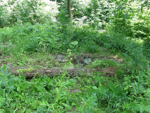 na wzgórzu - cmentarz przy: widoczne miejsce po cerkwii, greckokatolickiej,  pw. Przemienienia Pańskiego, zbudowanej w 1784 roku.