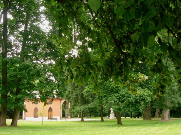 Palacowy park W glebi Domek Gotycki.