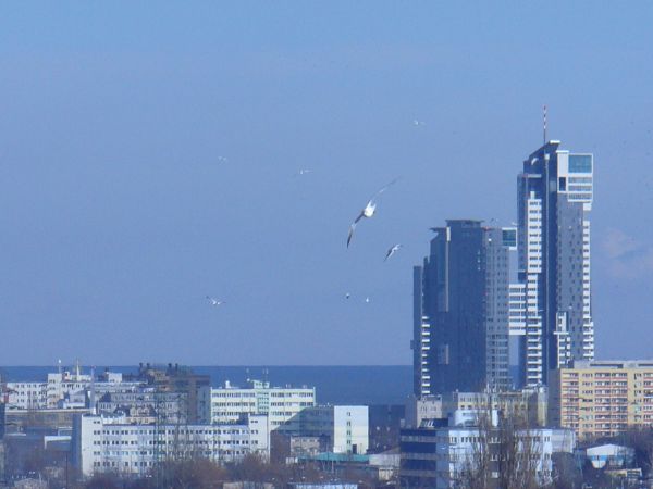 Fot.:Bogdan Misiewicz. Widok z balkonu 9 piętra wieżowca przy ul. Orlicz-Dreszera 12a. W dali wieżowiec Sea Towers (ang. Morskie Wieże).