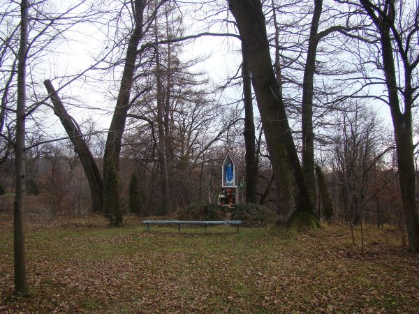 słowo pisane wspomina, że obok folwarku był staw i bliżej nieznana kaplica Matki Bożej, my trafiliśmy na kapliczkę słupową z figurą Matki Bożej - w parku przydw