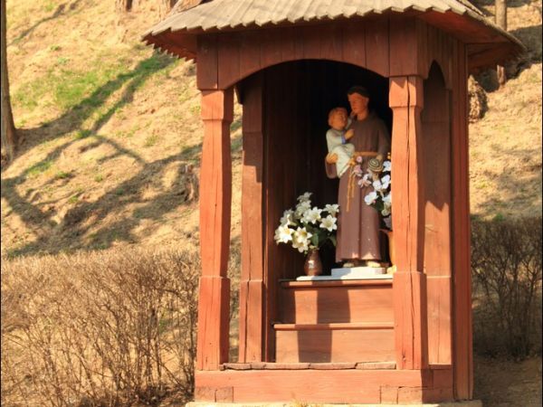 Przydrożna kapliczka w Kosinie z  figurką św. Antoniego z Padwy