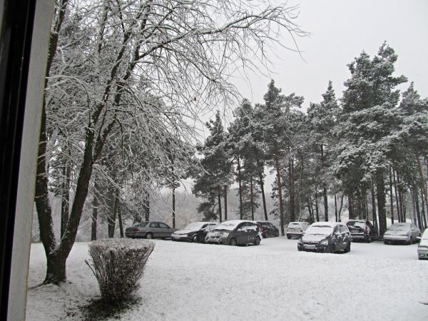 Zima w mieście. Teren parkingu i ogródków działkowych przy Urzędzie Miejskim, nad rzeką Wdą.